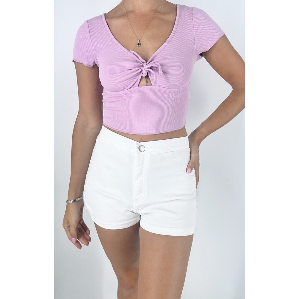 Women's Lavender Lilac V-Neckline Ribbed Knit Front Tie Short Sleeve Top Size XS